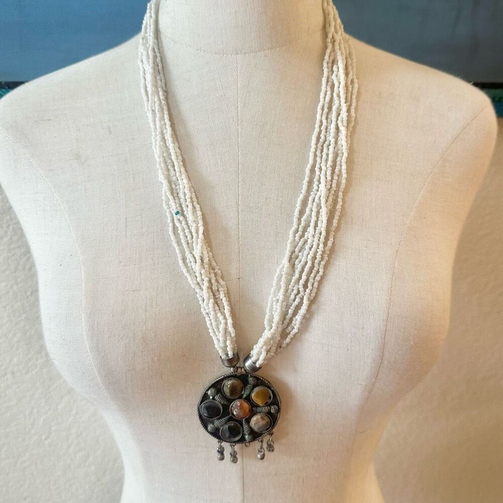 Vintage Tibetan carnelian onyx Jasper multi strand pendant necklace